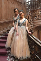 Formal Spaghetti Straps A-line V-Neck Tulle Beading Prom Dresses